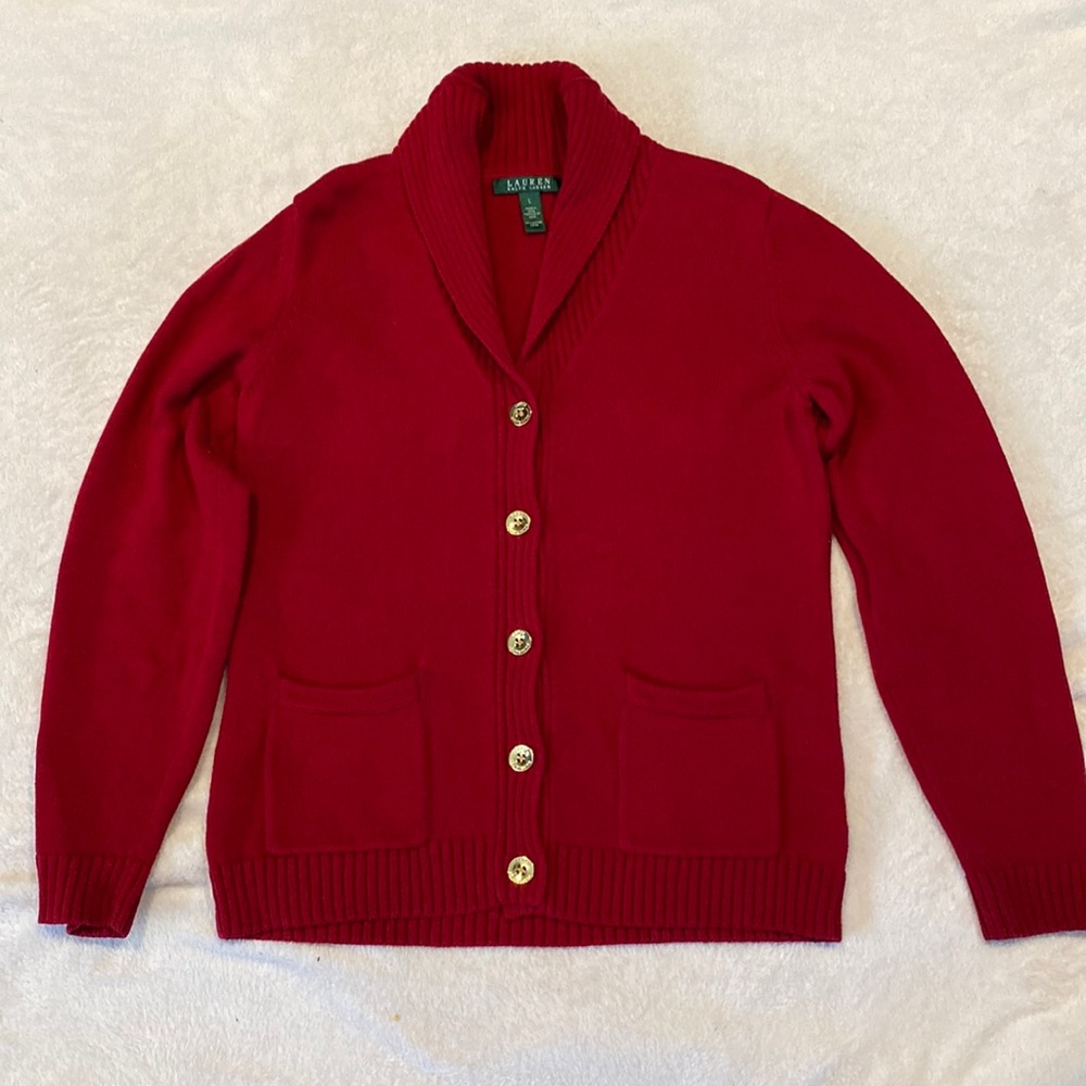 Lauren Ralph Lauren‎ 100% cotton red gold button cardigan size large